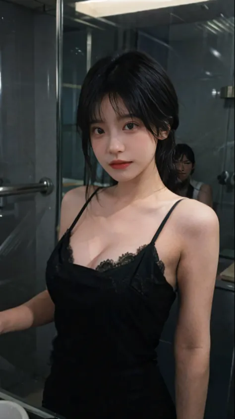 best qualtiy，tmasterpiece，超高分辨率，（realisticlying：1.4），1girll，In the bathroom，Raised sexy，（The shirt：1.2），（brassier：1.2），（big cleavage breasts：1.3），（The upper part of the body：1.4），Dressed in black lace，