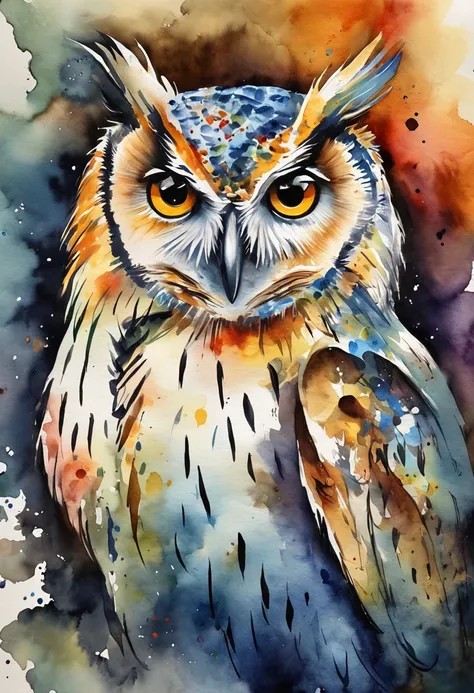 owl、Owl、art by、Artistically、3d watercolor abstract,Dark background,High resolution,High quality,Colorful、Abstract、colourfull