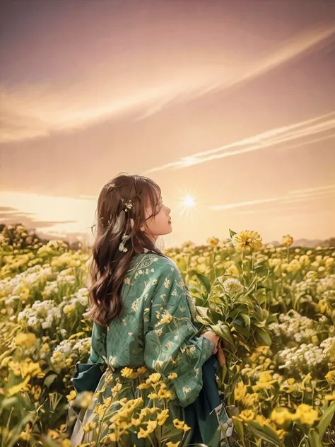 arafed woman in a field of flowers looking at the sky, standing in flower field, standing in a flower field, in a field of flowers, girl in a flower field, woman standing in flower field, sitting in a field of flowers, an aesthetic field of flowers, girl i...