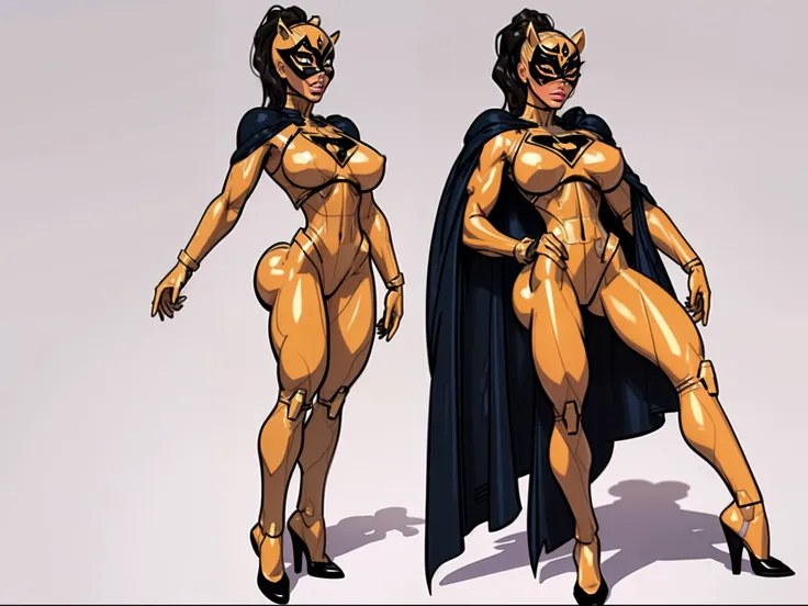 ((masterpiece)),(((best quality))),((character design sheet)), ((full body view)) illustration,1girl, muscular, ((blue and gold bodysuit:1.6)), (masked over eyes:1.6) (broke and black color palette:1.3) superhero, (black ponytail:1.4), (puffy lips:1.6) (bl...