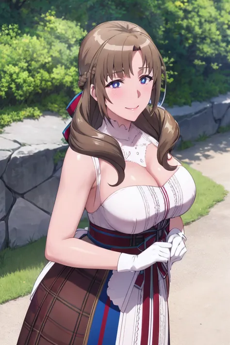 masterpiece, (best quality), 1woman,1girl ,mamako_oosuki,   brown hair,  long hair, french braid, purple eyes,mature female, dress, white dress, ((huge breasts)), ribbon,sexy woman,smile,  white gloves,closed clothes, embarrassed,blush,  bare shoulders, vi...