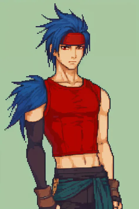 quarterbody, no frames, destatured sprite, vanilla fire emblem, a teenage Assassin with a pragmatic aura. His dark blue hair falls sharply to his shoulders, neatly framing his face, while his intense red eyes exude a mix of determination and sadness . Hes ...