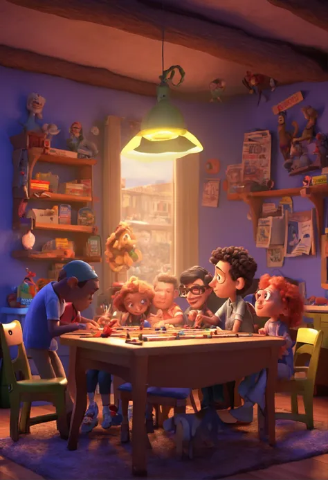 (Pixar 1.23 estilo) 1 3 (children at a table )), sbricam with a puzzle game ((obra-prima, mais alta qualidade)), (composite lighting)