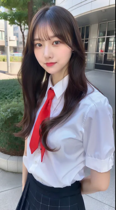 High school girl 18 years old in red tie, white shirt and miniskirt