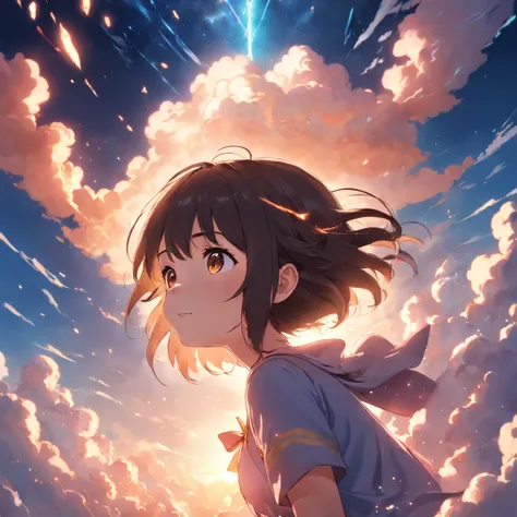 masterpiece, best quality, movie still, 1girl, cloud girl, floating in the sky, close-up, bright, happy, warm soft lighting, sunset, (sparks:0.7)