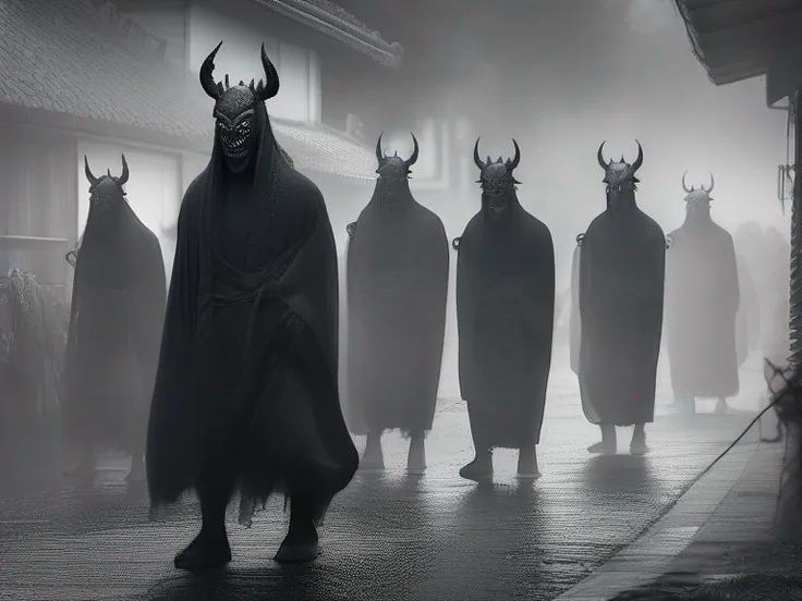 group of legion demon myth creatures, parade, strolling through a mystical and eerie foggy street, invoking a sense of horror and reminiscent of the Hyakki Yagyō legend, perfect composition