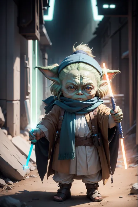 3d rendered character portrait of kid Yoda, holding 1 saber upright, half pose, with scarf, front facing pose, wearing a robe, unreal engine 5, concept art, vibrant colors, glow, ultra high detail, ultra realistic, cinematic lighting, focused, 8k