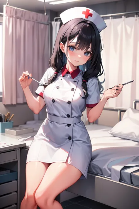 infirmary, curtains, 1girl, nurse, white dress,, masterpiece, best quality, highly detailed