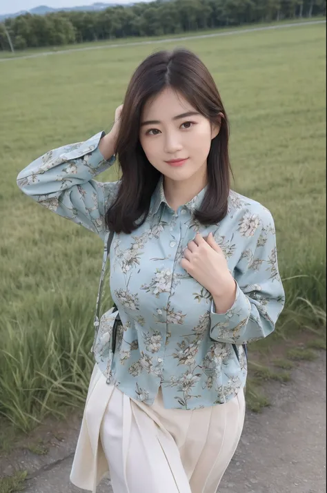 (8K、top-quality、​masterpiece:1.2)、(realisitic、Photorealsitic:1.37)、ultra-detailliert、((Beautuful Women))、((JINS))、((Long sleeve shirt with floral pattern))、hiking、((breast))、((black-short-hair))、plateau、((A slight smil))、grass field、((Walking))、((Carrying ...