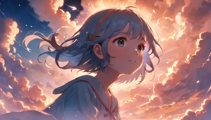 masterpiece, best quality, movie still, 1girl, cloud girl, floating in the sky, close-up, bright, happy, warm soft lighting, sunset, (sparks:0.7)