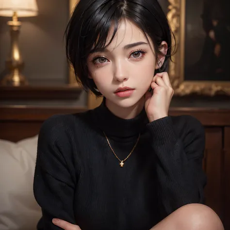 (masterpiece:1.3), (8k, photorealistic, RAW photo, best quality: 1.4), (1girl), beautiful face, (realistic face), (black hair, short hair:1.3), beautiful hairstyle, realistic eyes, beautiful detailed eyes, (realistic skin), beautiful skin, (sweater), absur...