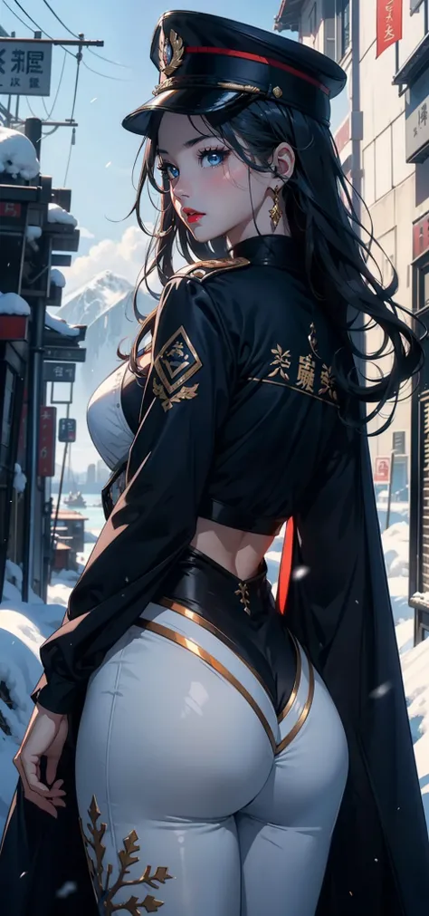 1womanl，33yo，熟妇，Bigchest，Raised sexy，Pornographic exposure， 独奏，Beauty contests，standing on your feet（Background with：the sea，snow mountains，warships，at winter season，Blizzarding，Big snowflakes）On warships， She has long black hair，Long hair flutters in the ...