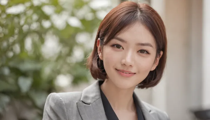 Japan female, 28 years old, Facing forward, Im smiling so cheerfully,Im wearing a Prada suit, Business Office Terrace Cafe, Short Bob, Light makeup, Sun bath, Photorealistic, in 8K