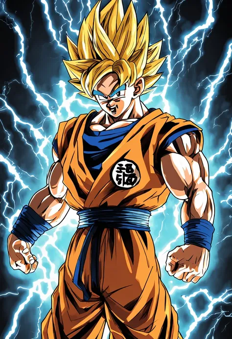 A portrait of Goku from Dragon Ball Z in Naohiro Yamamuros anime art style. Goku has spiky black hair, is wearing his classic orange gi uniform, and is powering up into his Super Saiyan form. Intense yellow aura glowing around him, hair standing up and tur...