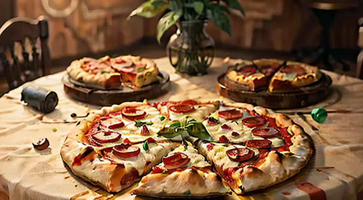 3 pizzas on a large table with tomatoes and basil