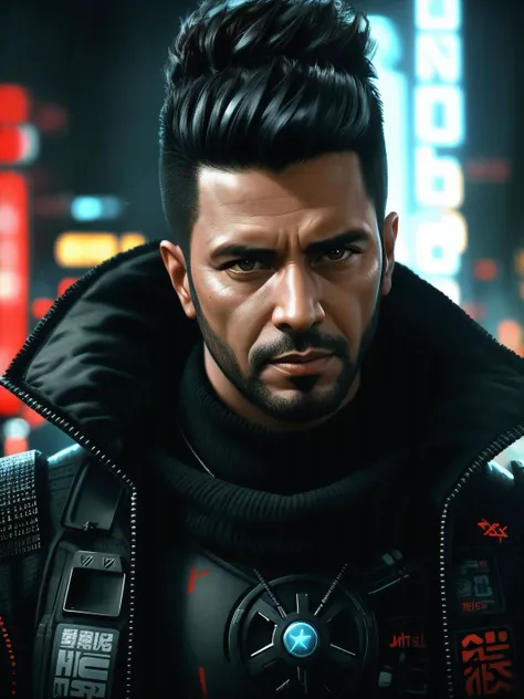 Arafed imagem de um homem com um sci - fiorer em seu peito, Arte digital detalhada em 4k, Arte digital altamente detalhada em 4k, Retrato de Adam Jensen, Epic portrait illustration, Retrato de um homem cyberpunk, pintura digital futurista, estilo pintura d...