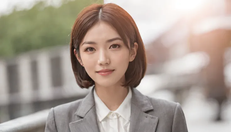 Japan female, 28 years old, Facing forward, Im smiling so cheerfully,Im wearing a Prada suit, Business Office Terrace Cafe, Short Bob, Light makeup, Sun bath, Photorealistic, in 8K