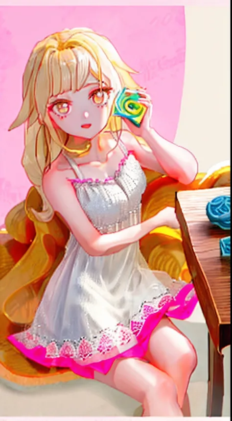 Pink and white slip dress，Blonde hair，Golden pupils，Thighs，curlies，Big waves。Mooncake in hand，There are mooncakes on the table