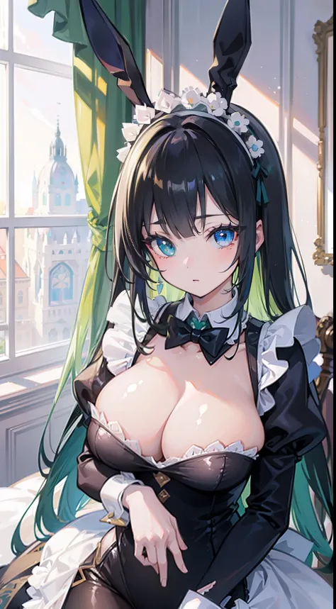 High quality, masterpiece, ultra-detailed, 1girl, bunny maid outfit, solo, peaceful expression, long black hair, enchanting eyes, blue and green eyes, heterochromia, bunny ears, ridiculously large breasts, shiny skin, bedroom