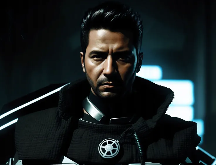 Arafed imagem de um homem com um sci - fiorer em seu peito, Arte digital detalhada em 4k, Arte digital altamente detalhada em 4k, Retrato de Adam Jensen, Epic portrait illustration, Retrato de um homem cyberpunk, pintura digital futurista, estilo pintura d...