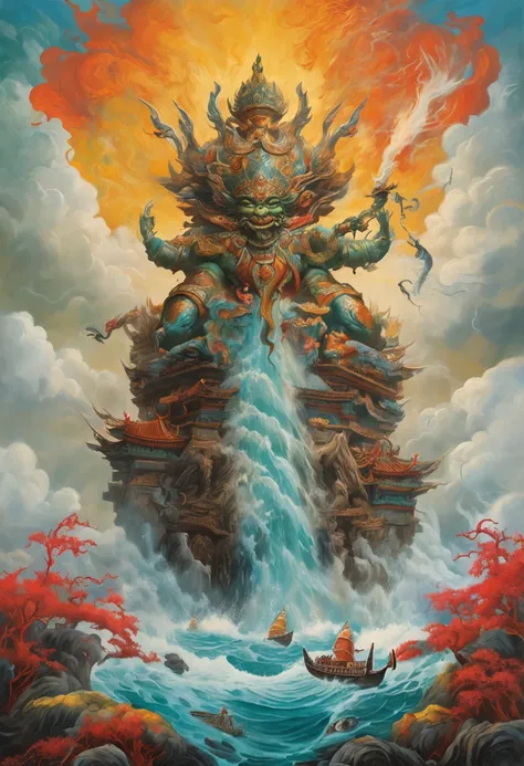 Vickers style, The graphics in the poster design are ocean colors, Chinese dragon in ink painting,, As a water god, Living in the North Sea, Control thunderstorms at sea, an ancient Chinese god,  Super sharp,Realistic details,Auspicious clouds, depth of fi...