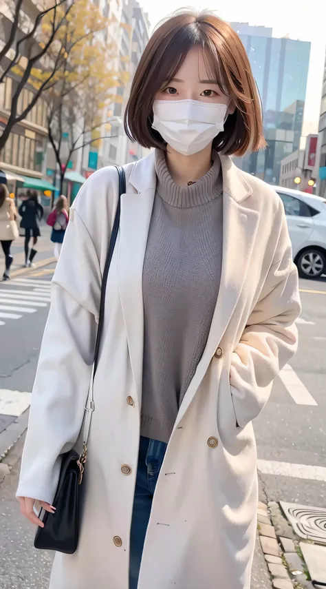 outside，White coat mask normal woman