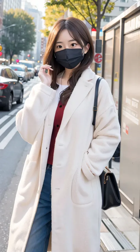 outside，White coat mask normal woman