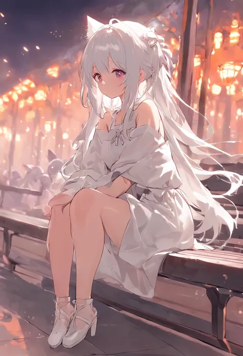 Anime girl sitting on bench，There are cat ears on the head, white dresses!! silber hair, cute anime waifu in a nice dress,, White-haired god, gray-haired girl, Perfect girl with white hair, Güvez on Pisif Art Station, whaite hair, Flowing white hair