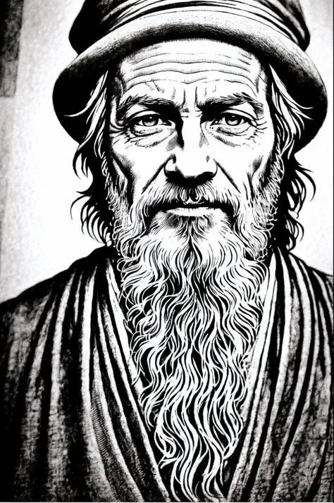 A portrait of prophet Moses, close-up shot, pencil_(artwork) etching, crosshatching, rough sketch, soft light and shadow, monochrome, white background, b&w illustration, in the style of Dave Malan, realistic lithography sketch, old paper texture, highly de...