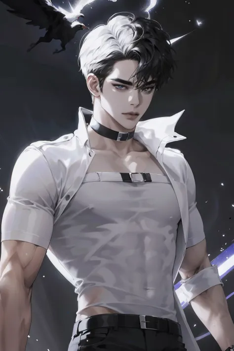 (absurdo, High resolution, Ultra detallado), 1 hombre, adulto, guapo, Chico alto y musculoso, sin camisa, hombros anchos, ojos finamente detallados y cara detallada, Pelo negro corto, Ojos de color negro, fantasy, gorgeous background, Efecto de sombra, Mag...