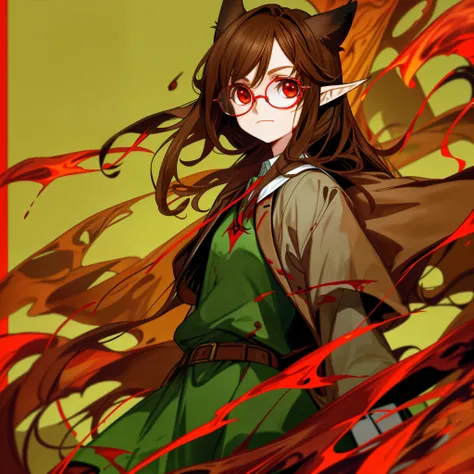 Brown hair long，With square-rimmed glasses，teens girl，Engineer clothing，elvish ears，Blood-red eyes