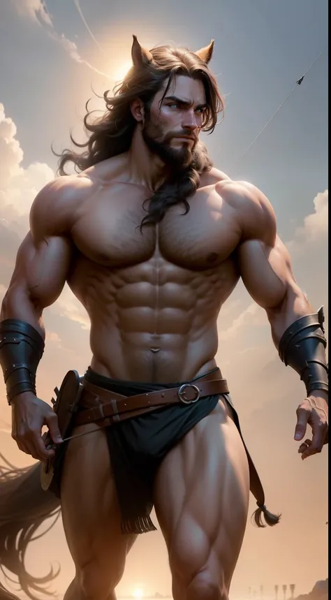 A running male centaur，The upper body is a man, and the lower body is a horse，vast pecs，bared  chest，Wide shoulders，Armed with a bow and arrow，Carrying a quiver，An endless wasteland，scorching sun，Long flowing ponytail，brown  hair，Brown body hair，streaked h...