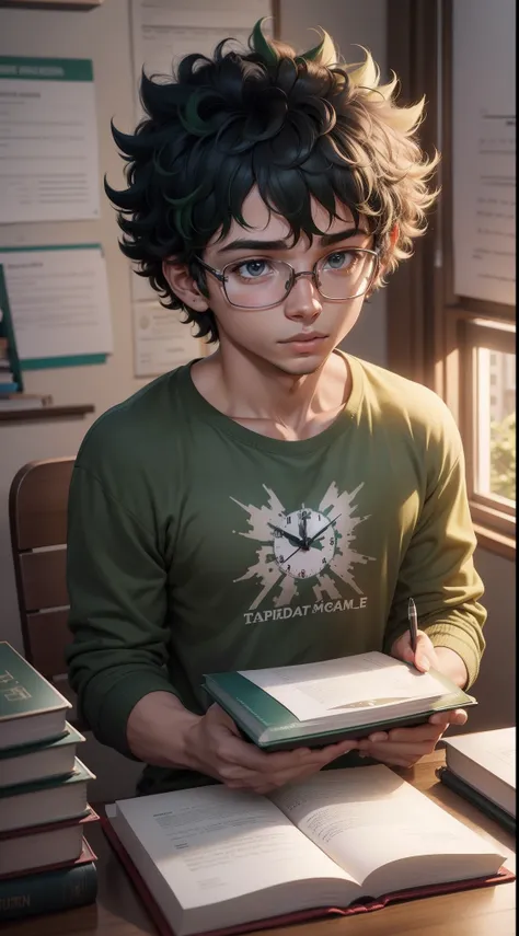 Izuku Midoriy estudando para o Enem, Com livros e papelaria ao fundo, mesa, livros estudarem cuidadosamente, my focused expression, and the clock showed that the present time was ten oclock at night