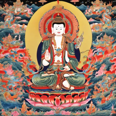 Thangka in Tibetan Buddhism，Buddhism Images,The face is clear and peaceful，Dignified and majestic，Surrounded by Xianyun and Chinese totem， Bio-luminescence,  Luminism, Crystal perspective, Ethereal,, 8k解像度, Chinese Tibetan style，Thangka art style， Static, ...