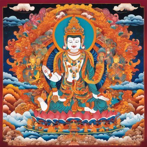 Thangka in Tibetan Buddhism，Buddhist imagery,The face is clear and peaceful，Majestic and majestic，Surrounded by fairy clouds and Chinese totems， Bio-luminescence,  Luminism, Crystal perspective, Ethereal,, 8k解像度, Chinese Tibetan style，Thangka art style， St...