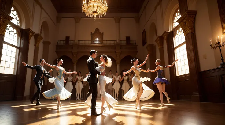 magine a magical scene inside an ancient castle, where dance comes to life in a charming way. Describe an image that captures the essence of dance in this grand environment. Pense em trajes elegantes, graceful movements and the unique atmosphere of the cas...