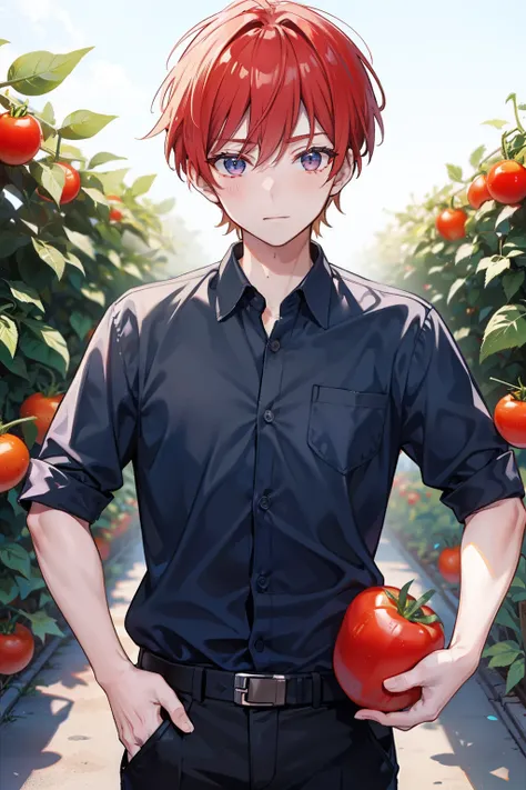 {{ember}}　twinks　male people　Check Button Shirt　JINS　Harvesting tomatoes