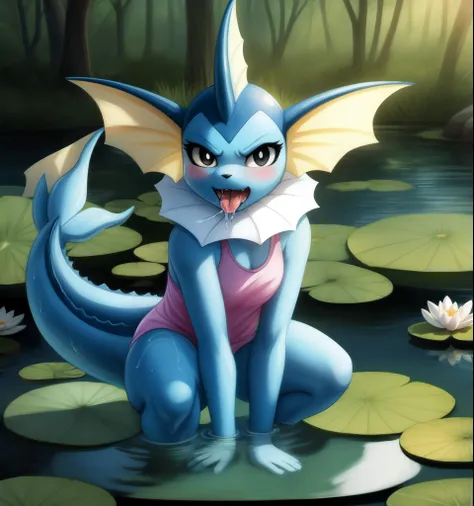 (masterpiece, best quality:1.15), 1girl, solo, vaporeon, colored sclera, long eyelashes, colored skin, (blue skin:1.1), furry, f...