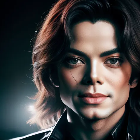 Michael Jackson, with stage lights, Style analogique brut, Des yeux captivants, Expressions captivantes. The background should be neutral and simple, pay close attention to details such as highlights and shadows on your face and hair to create a realistic ...