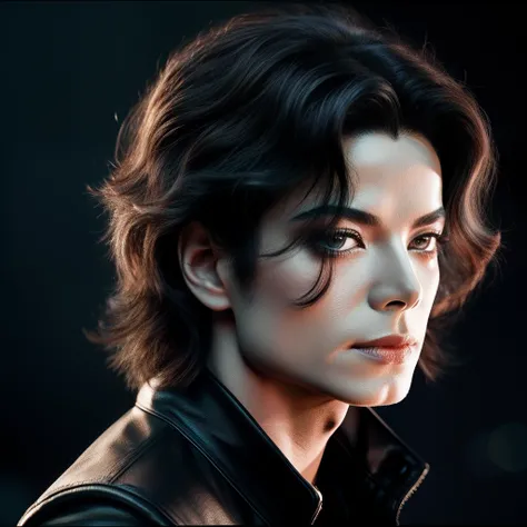 Michael Jackson, with stage lights, Style analogique brut, Des yeux captivants, Expressions captivantes. The background should be neutral and simple, pay close attention to details such as highlights and shadows on your face and hair to create a realistic ...