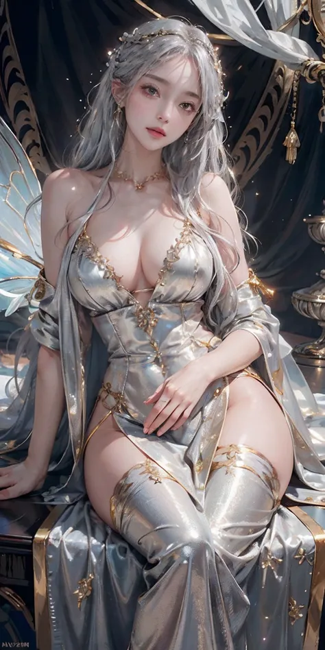 photorealistic, high resolution, soft light,1women, solo, hips up, shinning skin, (detailed face), jewelry, (((gold, silver, glimmer)), faerie), limited palette, contrast, phenomenal aesthetic, best quality, sumptuous artwork, elegant dress, blonde hair, b...