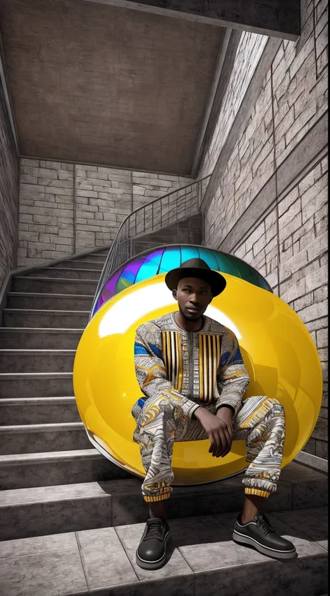 An African man dressed in African clothes sitting on a yellow sphere in a black and white room, black and white room full of abstract shapes and stairs, with iridescent light, highly detailed images, vibrant beautiful colours, photorealistic image, 8k, ult...