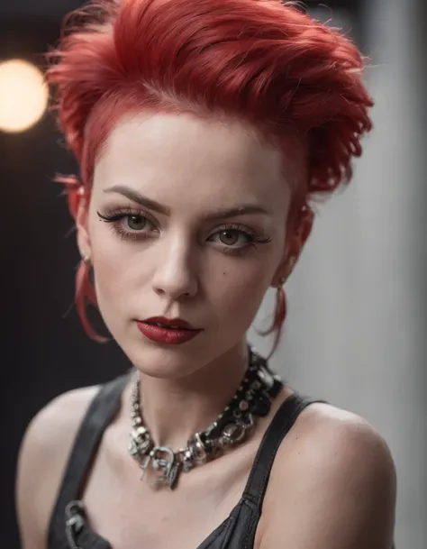 (8k, RAW Photos, Best image quality, Masterpieces, : 1.2), (Realstic, photoreallistic: 1.37), female punk singer with punk shaved hair on stage with musicians. red light