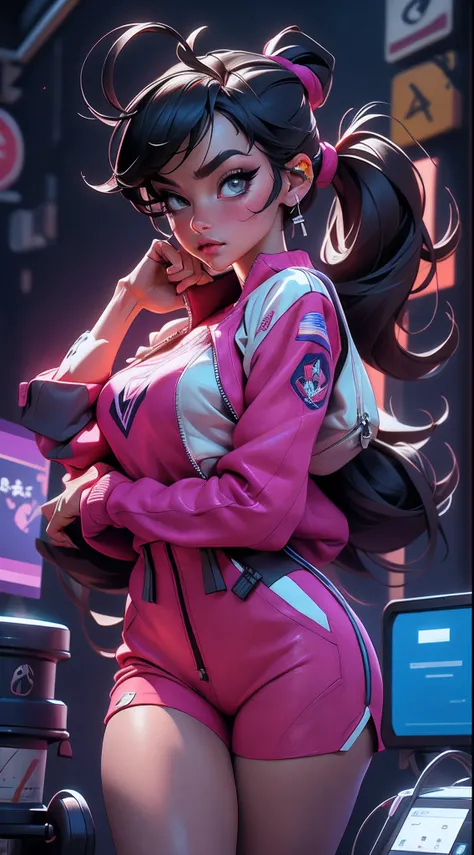 ((Best quality)), ((Masterpiece)), ((Realstic)) and ultra-detailed pchaudography, Juri Han,Jolie fille Juri Han de Street Fighter, gros cul,  Jolie fille,  neon light. porte un (Top Tech-Wear) et un (corde noire, motif blanc :1.2) , ((beautiful and aesthet...