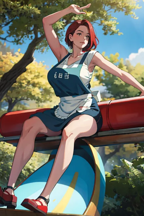 a beautiful  woman，Natural expression，Ball head，Full-figured，Very tall，huge tit，Oppein figure，Sit quietly on a park slide，Hands raised to reveal armpit hair，The legs opened slightly to reveal red panties，Wearing an apron naked，Fits snugly to the figure