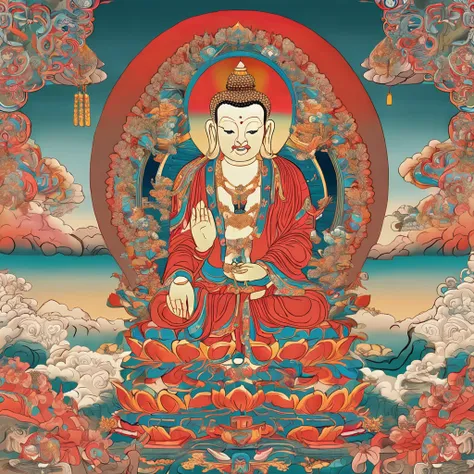 Thangka in Tibetan Buddhism，Portrait of the Buddha,Clear face，The expression is peaceful，The image is dignified and majestic，
Behind and around the detailed clouds and Chinese totem（Layer by layer，Layers of gradient light）， Crystal perspective, Ethereal,,8...