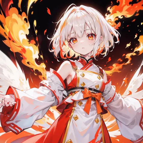 Short white hair with a slight reddish tinge，The head is decorated with a yellow bow，Crimson pupils，Red, Orange and yellow clothes，Its a cute loli，White flame burning background，She will use white flames