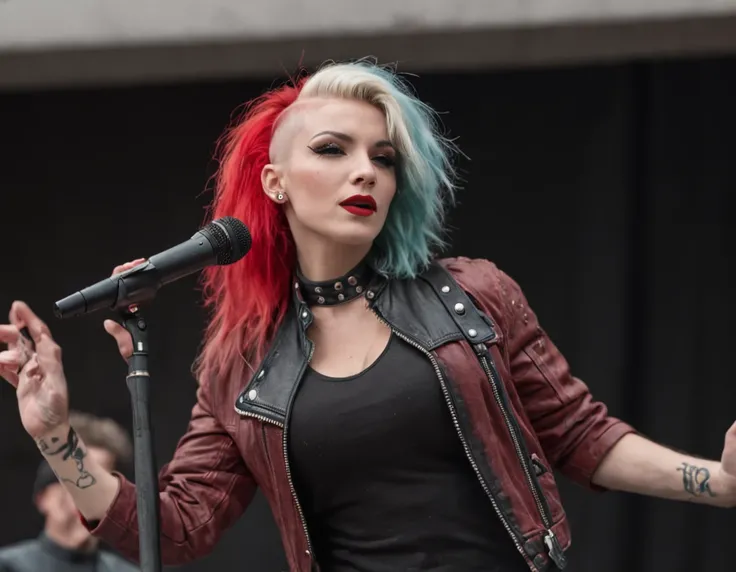 female punk singer singing in stage with musicians, punk hair shaved, red light