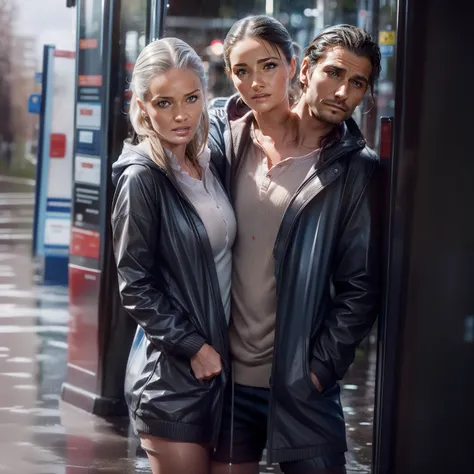 1man standing next to 1woman at a bus stop, (((2heads))), very rainy, wet skin,wet hair,wet clothes, puddles, realistic, beautiful faces, no facial hair