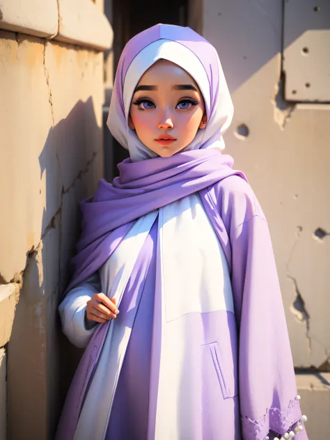 araffe woman in a white dress and purple jacket leaning against a wall, beauty girl, cute face, bg eyes, pose, close up, dilraba dilmurat, white and purple, white hijab, inspired by Nazmi Ziya Guran, feminine in cute pastel shades, lilac, inspired by Ni Yu...